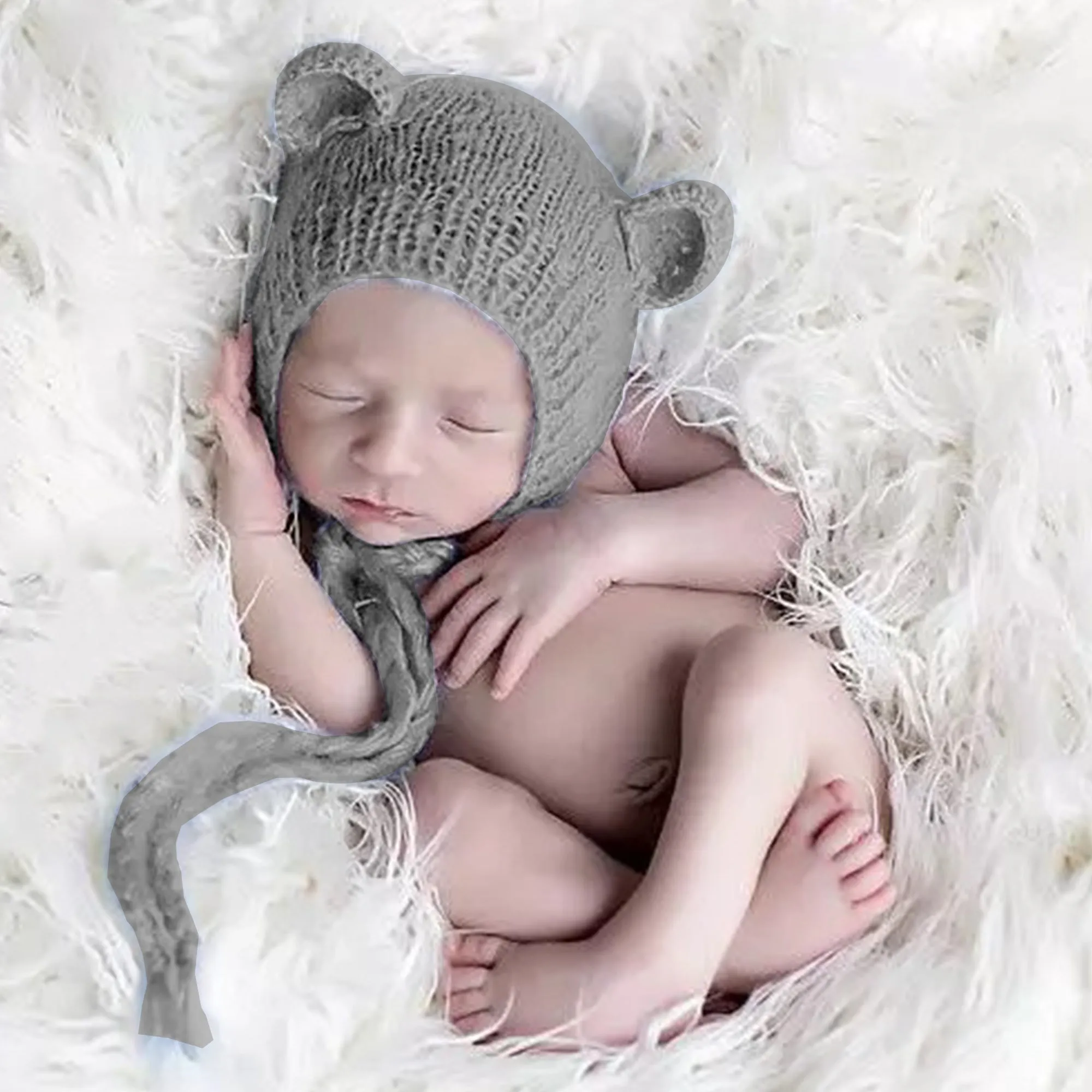 Babymoon Knitted Mohair Baby Hat Cap | Baby Photoshoot Props | 0-3 Months | Grey
