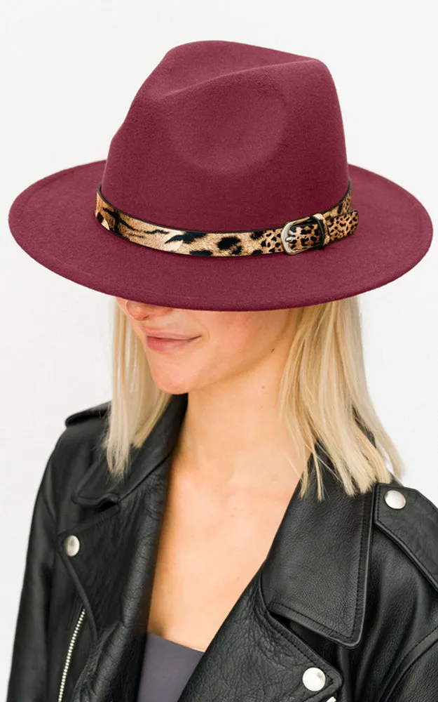 BHAT6043 Faux Wool Adjustable Fedora with Animal Print Accent Band
