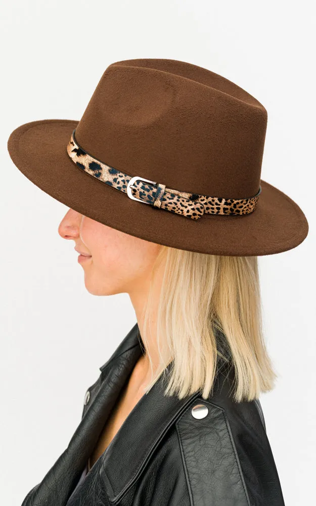 BHAT6043 Faux Wool Adjustable Fedora with Animal Print Accent Band