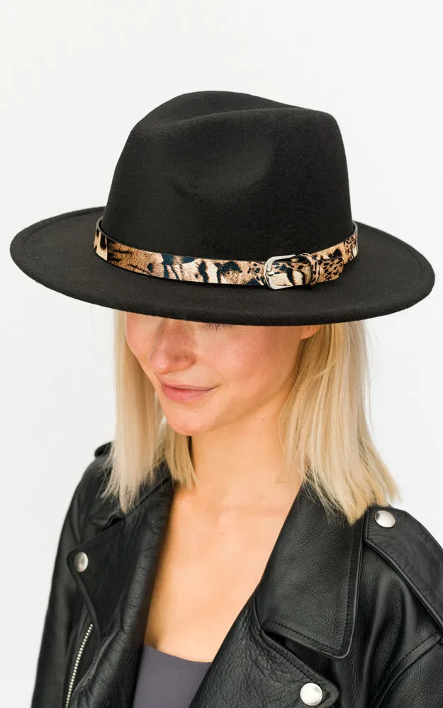 BHAT6043 Faux Wool Adjustable Fedora with Animal Print Accent Band