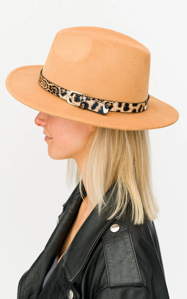 BHAT6043 Faux Wool Adjustable Fedora with Animal Print Accent Band