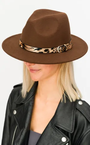 BHAT6043 Faux Wool Adjustable Fedora with Animal Print Accent Band