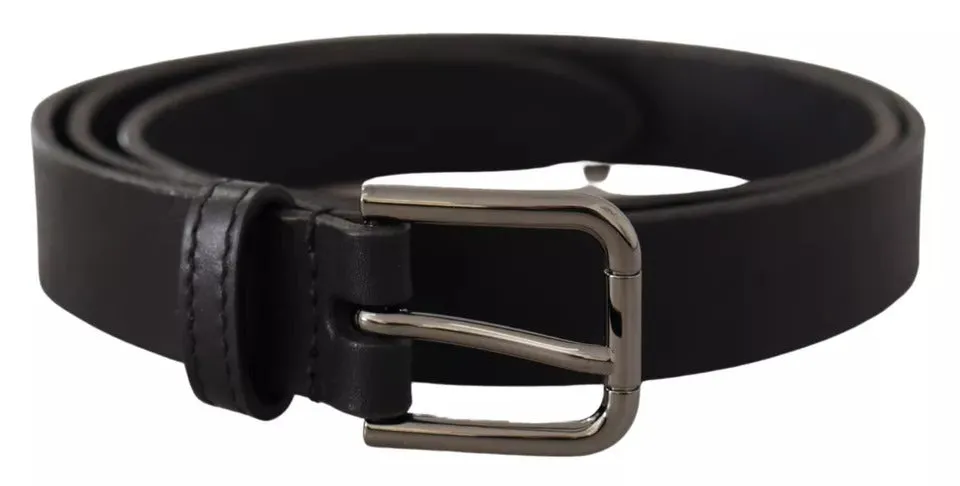 Black Calf Leather Classic Metal Logo Buckle Belt