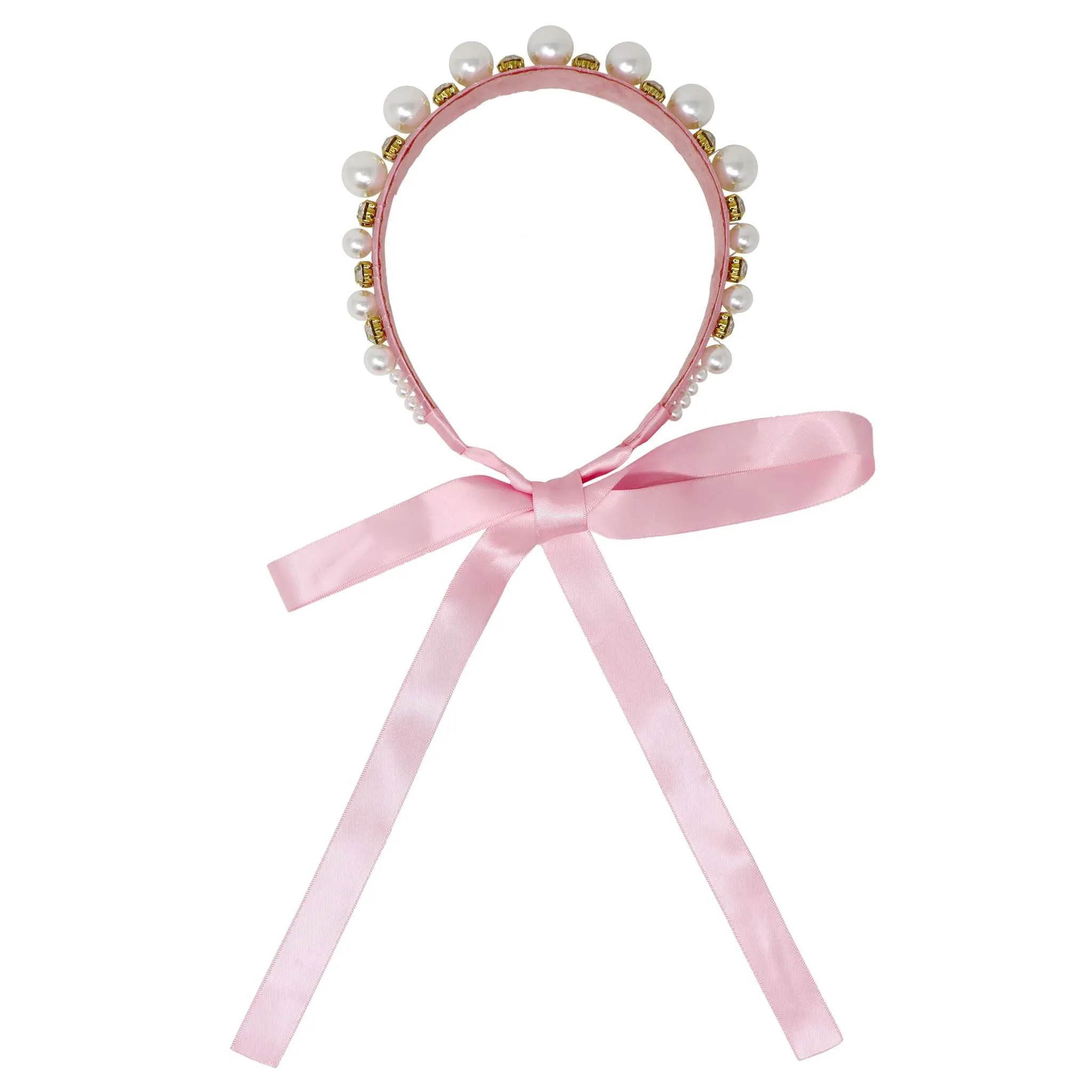 Claris Jewelled Pearl Headband with Ribbon Ties