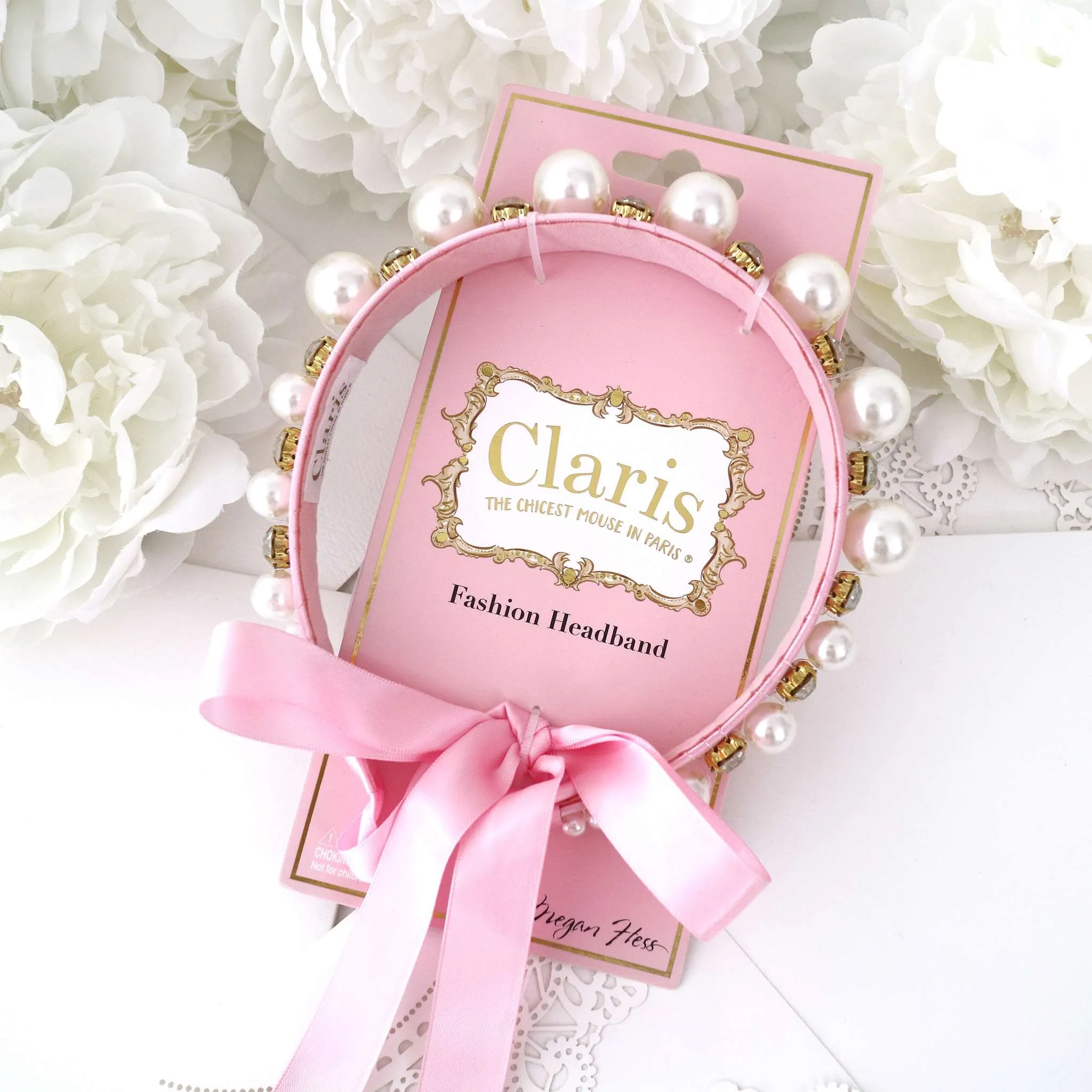 Claris Jewelled Pearl Headband with Ribbon Ties