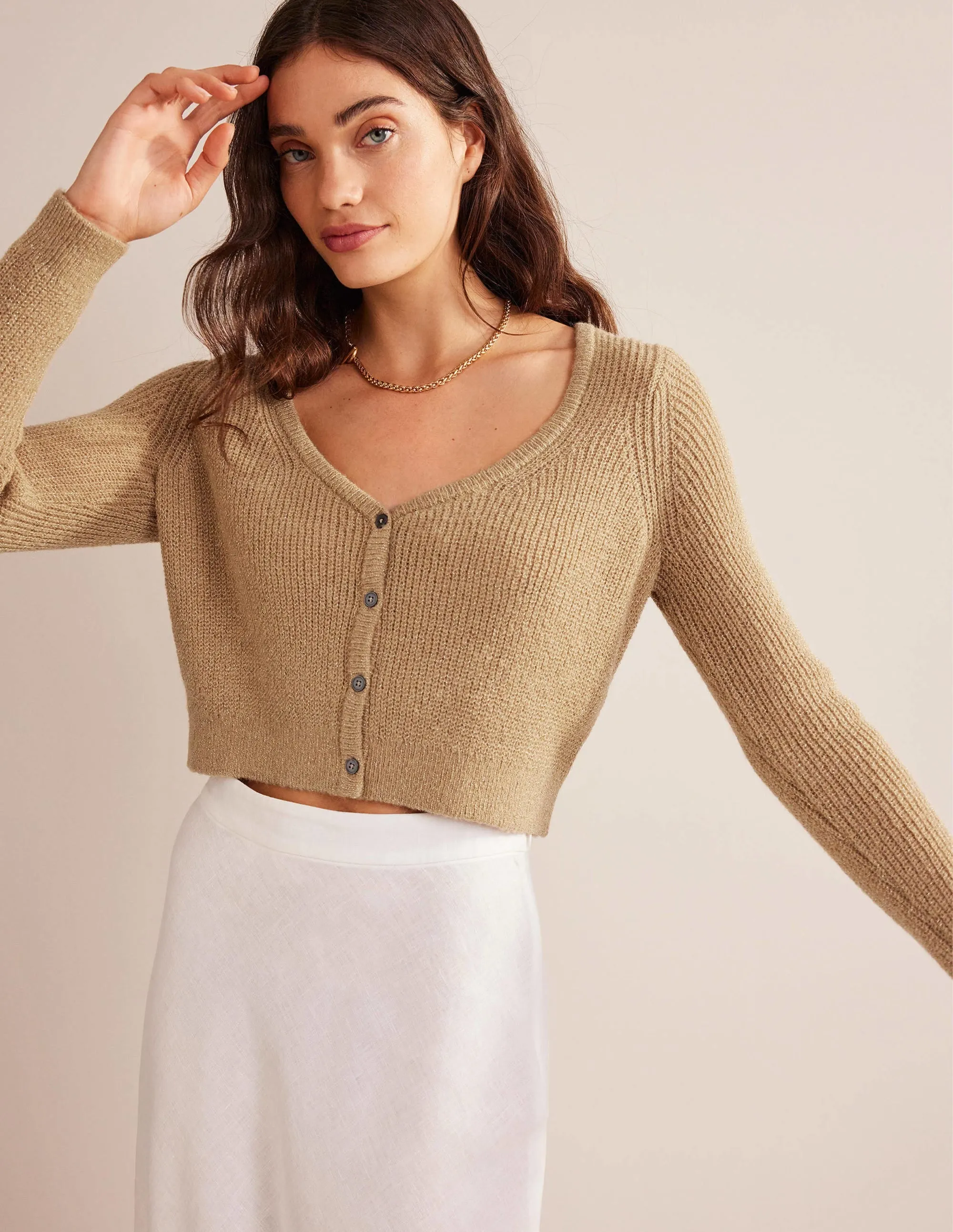 Cropped Fluffy Cardigan-Sparkle Camel Melange