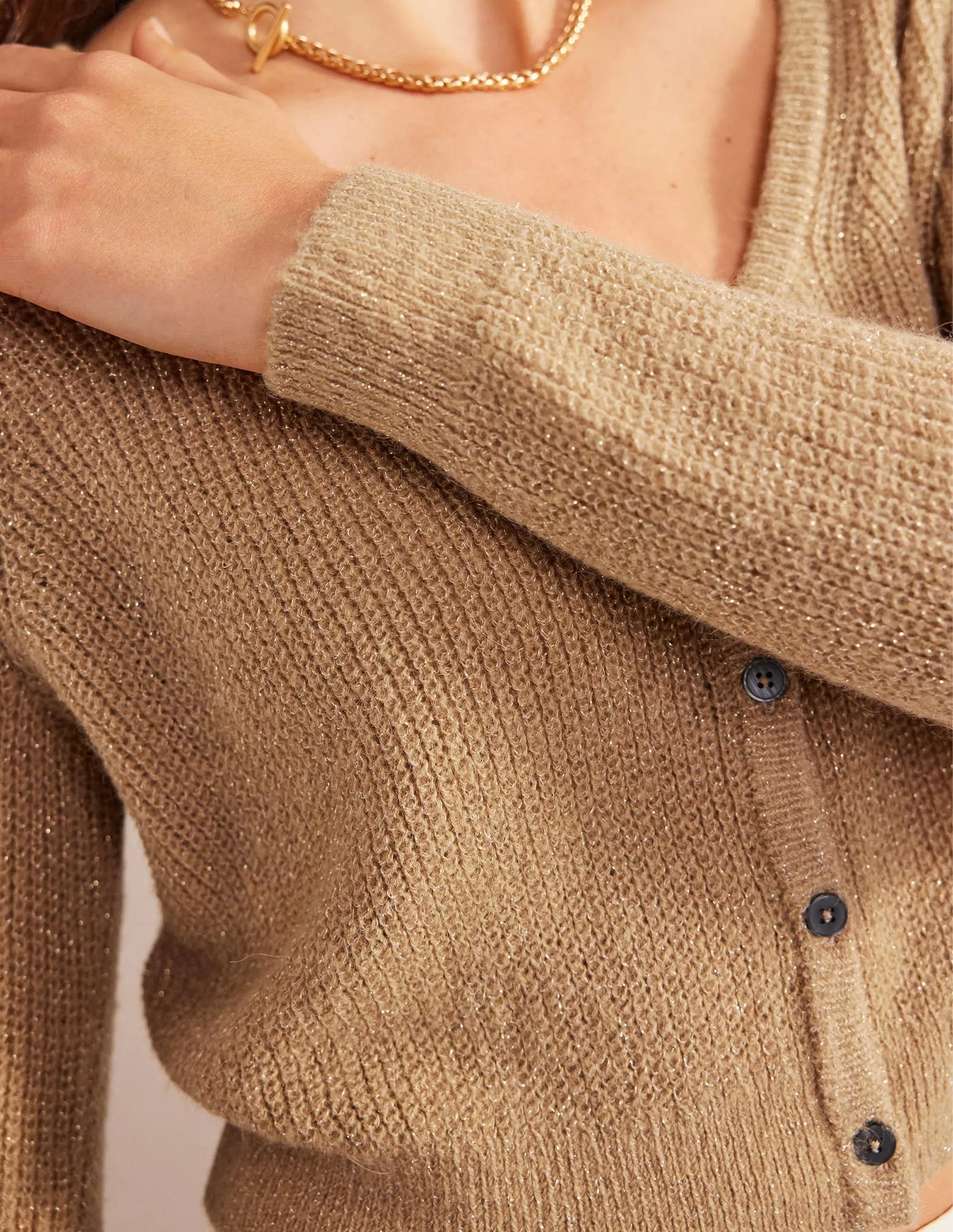 Cropped Fluffy Cardigan-Sparkle Camel Melange