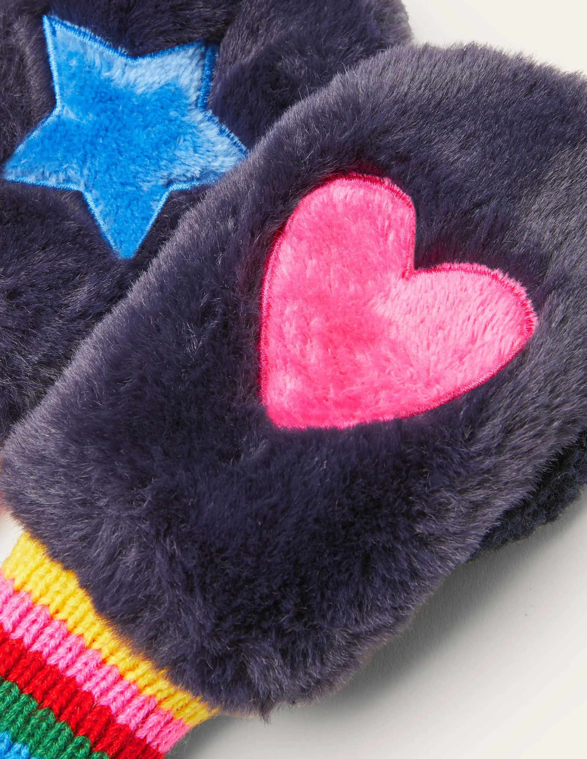Faux Fur Mittens-College Navy Rainbow