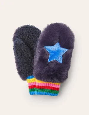 Faux Fur Mittens-College Navy Rainbow
