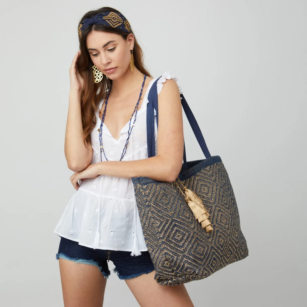 Mykonos Gold & Navy Tote Bag