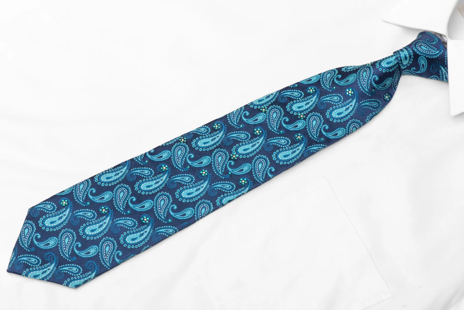 Paisley Blue Rhinestone Silk Necktie with Silver Sparkles.