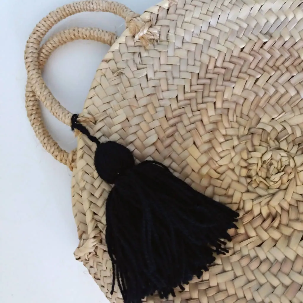 Round Straw Basket with Black Tassel